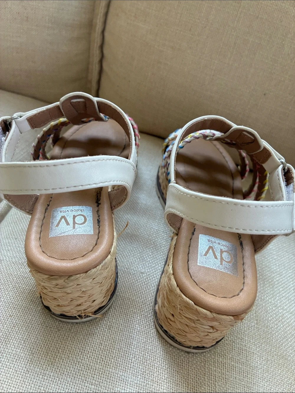 DV by Dolce Vita Girls White Leather Sandals with Multicolor Stitching